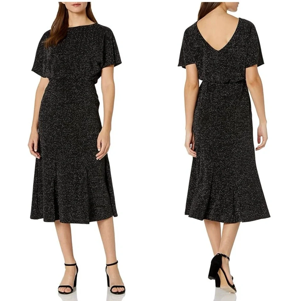 DONNA MORGAN‎ Metallic Sparkle Knit Short Sleeve V-Back Side Slit Midi Dress 8